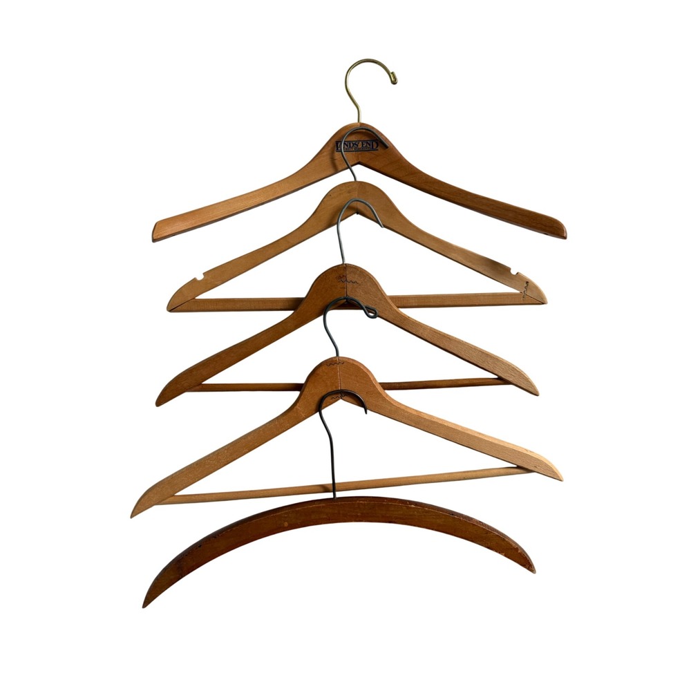 Lot of 5 Vintage Wooden Clothes Hangers‎ Lands' End Hand Carved Cedar Mixed Wood